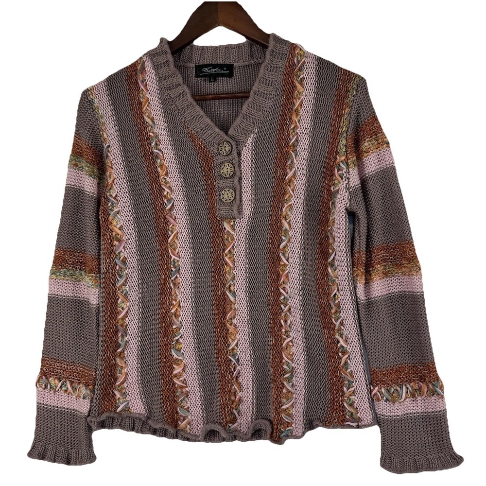 Vintage Boho Artisan Cottagecore Knit Women Sweater sz L